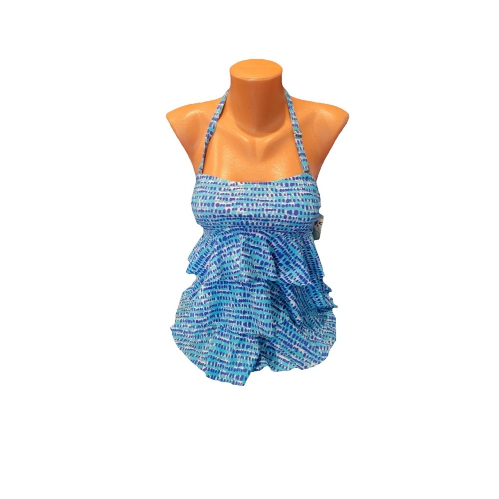NWT Island Escape Tiered Bandini Aqua Blue Dots Sz Babydoll Tankini Beach Resort